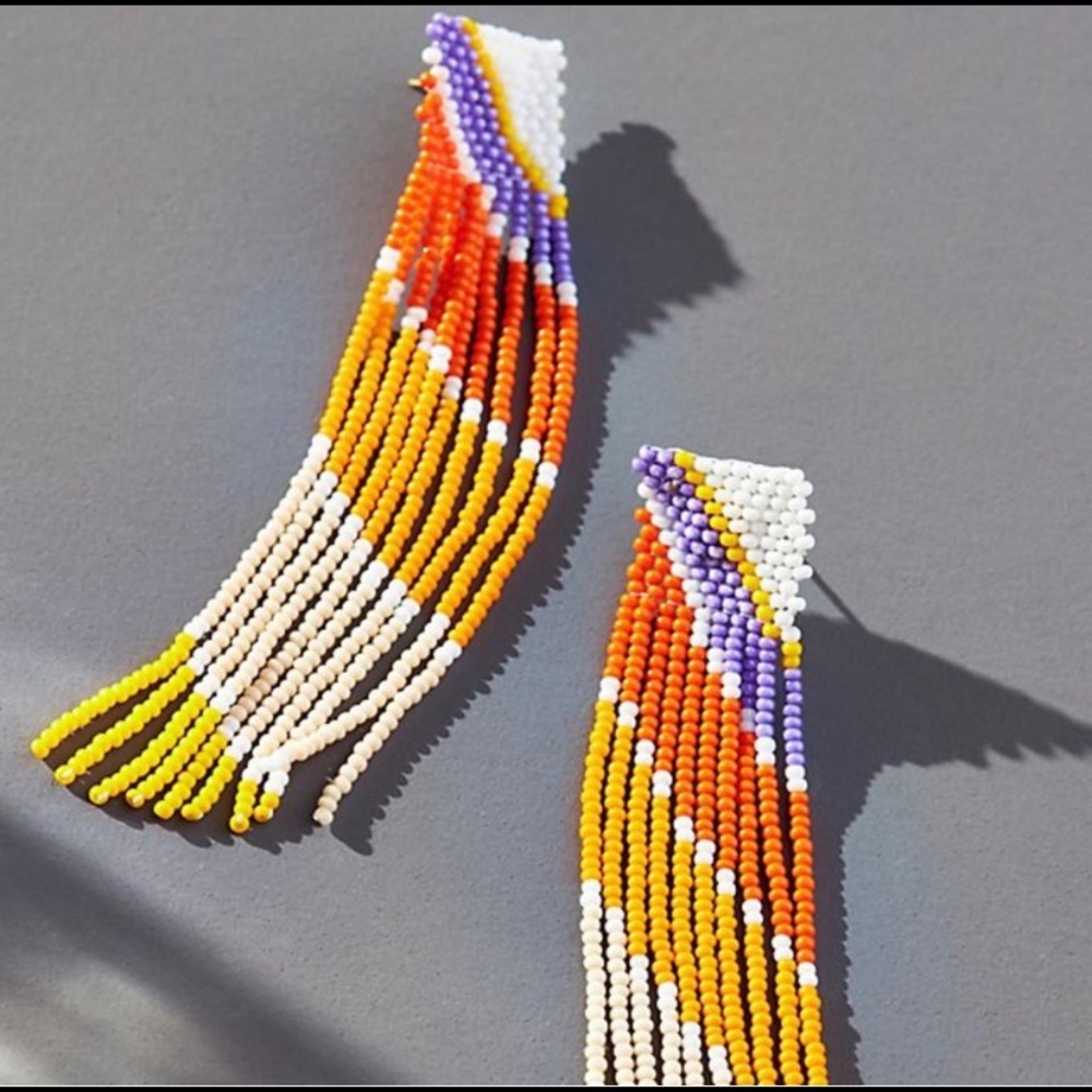 Anthropologie Casa Clara fringe beaded dangle earrings multicolor bright yellow